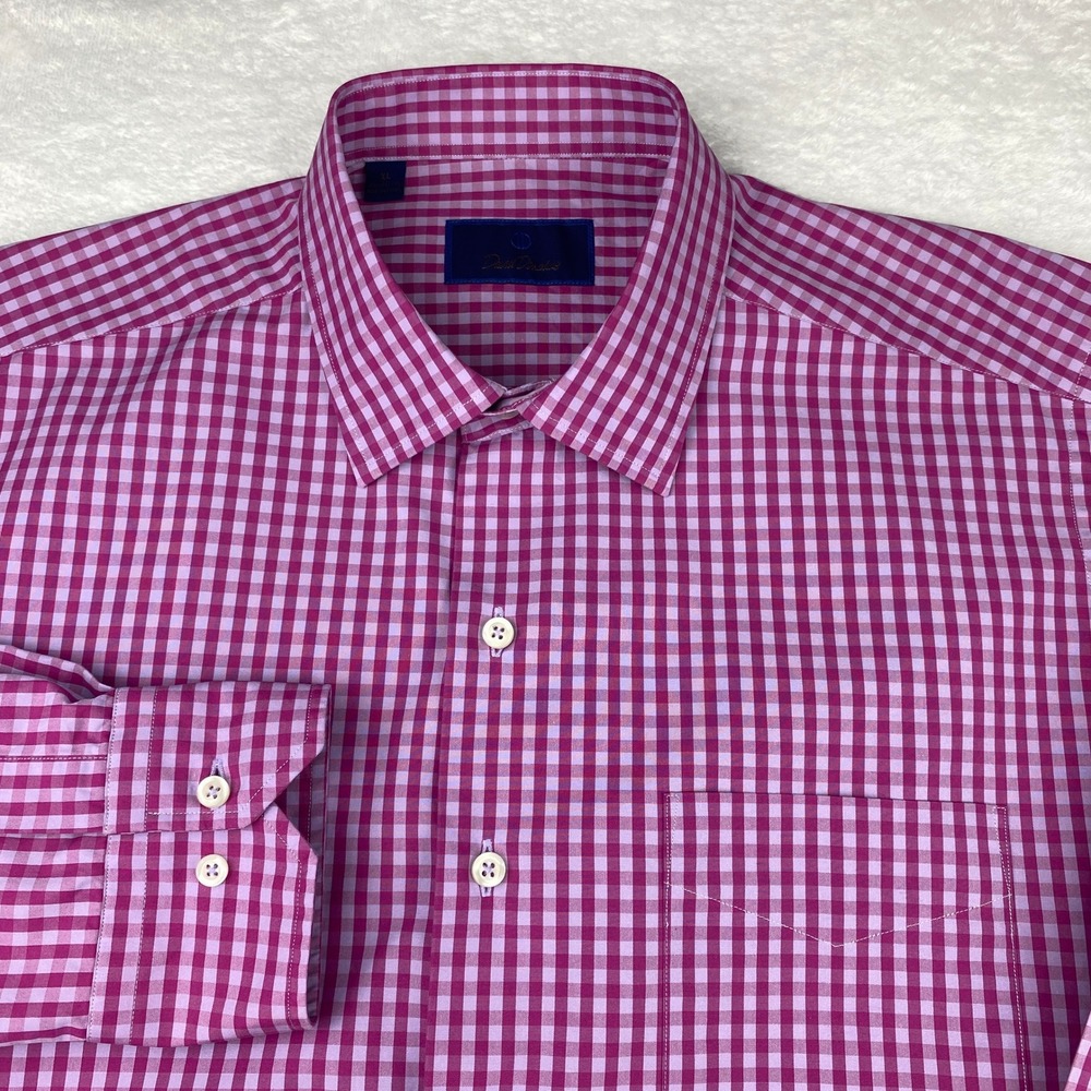 David Donahue Mens XL Pink Gingham Cotton Casual Button Down Shirt Long Sleeve